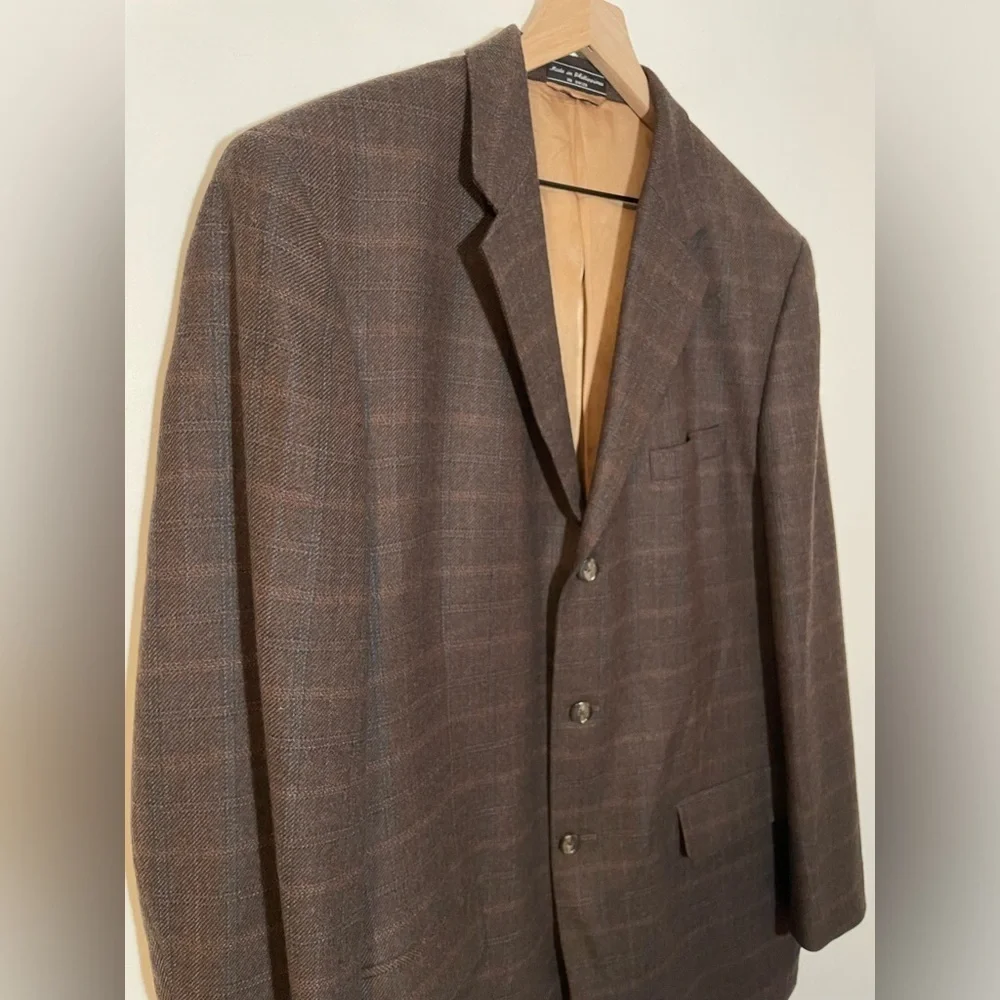 Haspel Brown 100% Lambswool Mens Suit Jacket Size 44 Long 3 Button Subtle Plaid